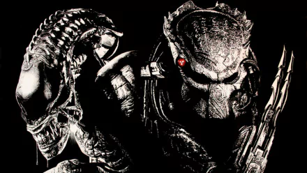A dramatic HD wallpaper featuring a menacing Predator from Aliens vs. Predator: Requiem, showcasing intricate details and a dark, intense atmosphere.