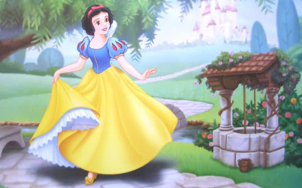 HD PC desktop wallpaper featuring Snow White from the movie Snow White and the Seven Dwarfs, standing gracefully near a stone well in a vibrant, fairy-tale garden.