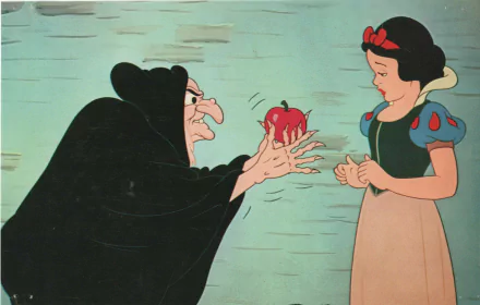 HD PC desktop wallpaper featuring a scene from the Snow White movie, showing Snow White and the Evil Queen disguised as an old woman with a red apple.