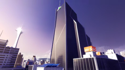 HD PC desktop wallpaper from the video game Mirror's Edge, featuring a stylized cityscape with a character climbing a tall, modern skyscraper at sunset.