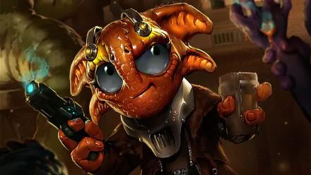 HD PC desktop wallpaper: a sci‑fi orange, big‑eyed creature in goggles and a jacket, holding a glowing blaster and a drink against a neon‑lit spaceport background.