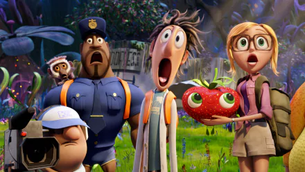 A vibrant scene from Cloudy With A Chance Of Meatballs 2 featuring Flint Lockwood, Sam Sparks, Earl Devereaux, and others in awe, surrounded by colorful, whimsical surroundings.