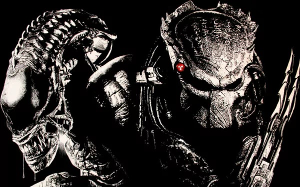A dramatic HD wallpaper featuring a menacing Predator from Aliens vs. Predator: Requiem, showcasing intricate details and a dark, intense atmosphere.