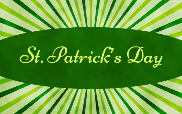 HD PC desktop wallpaper featuring a green sunburst background with St. Patrick's Day written in yellow script, celebrating the holiday.