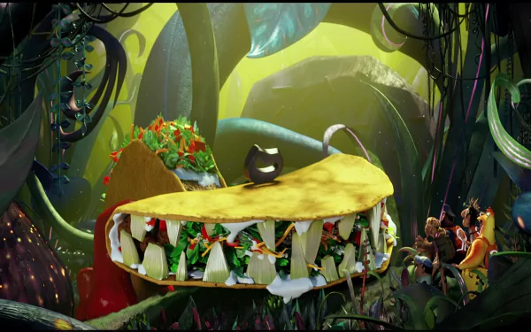 HD PC desktop wallpaper featuring a vibrant scene from the movie Cloudy with a Chance of Meatballs 2, showcasing a giant taco with sharp teeth in a lush jungle.