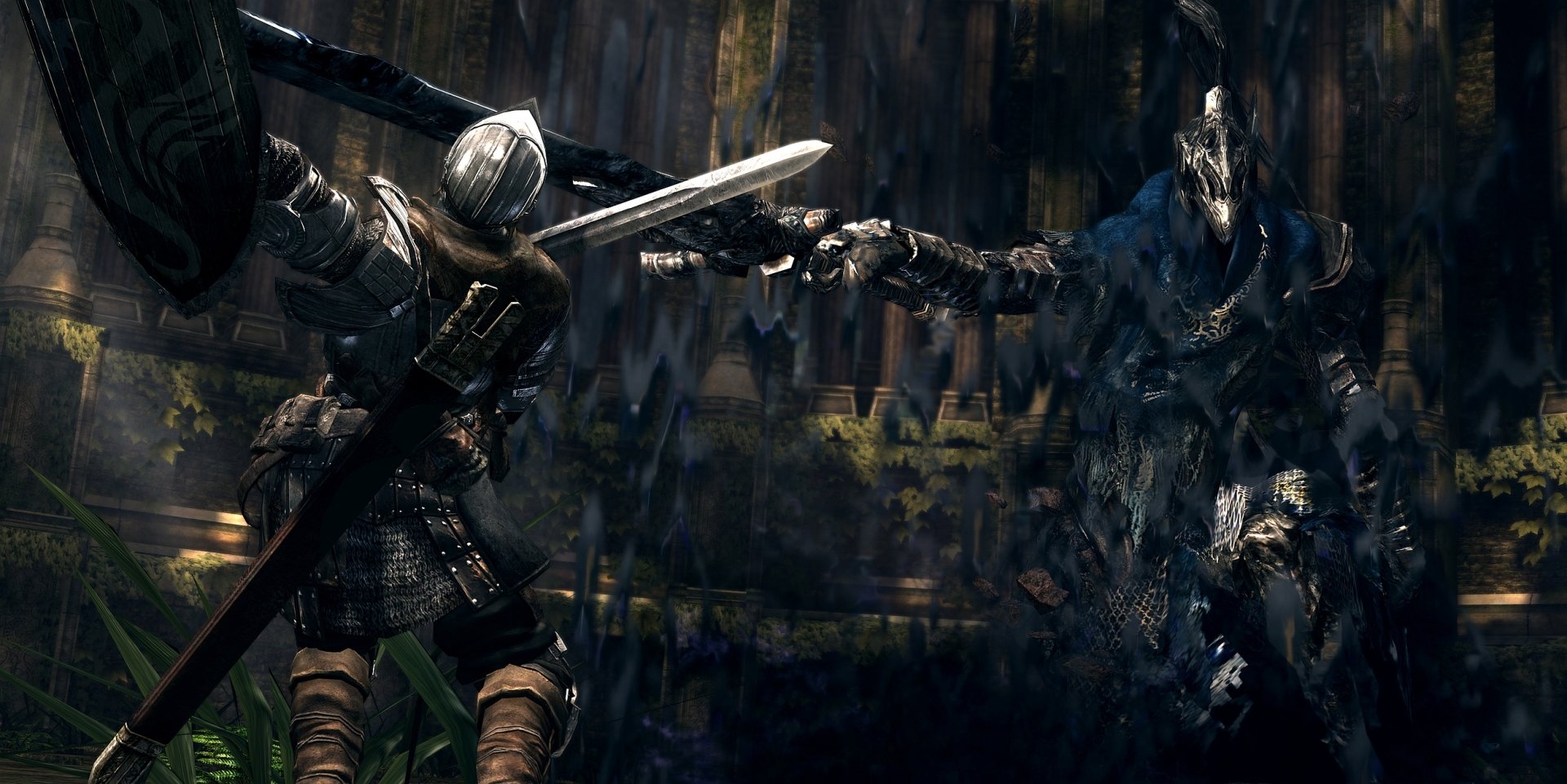 Dark Souls HD PC wallpaper showing an armored warrior clashing swords with a dark, menacing enemy in a gloomy, rain-soaked environment.
