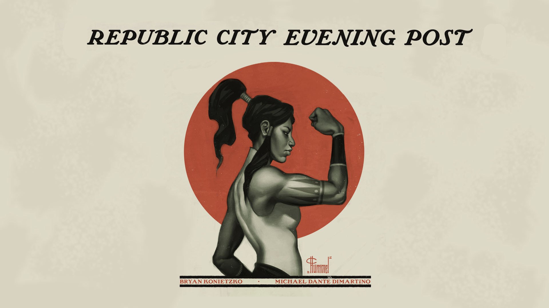 HD PC desktop wallpaper — anime-style poster of Korra (Avatar: The Legend of Korra) flexing in profile before a red sun, captioned Republic City Evening Post.