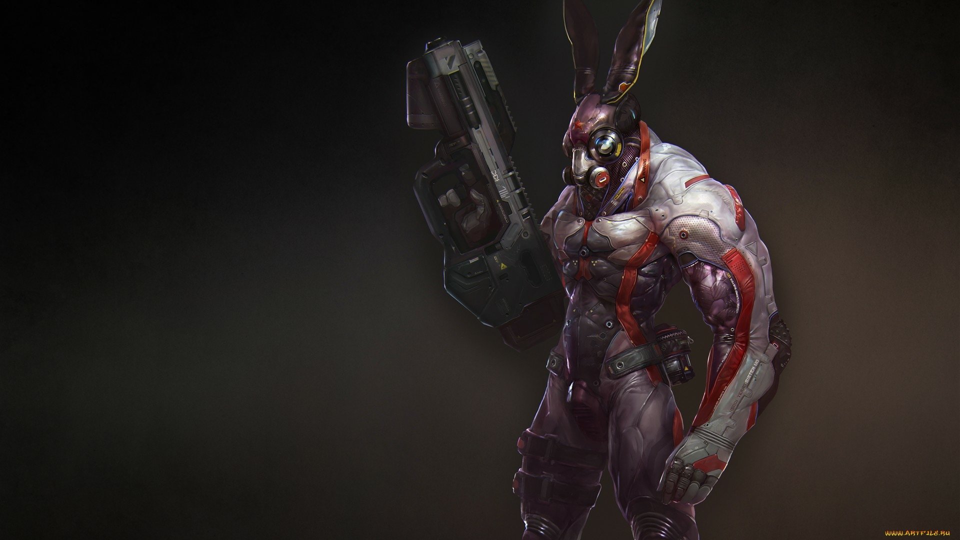 A menacing sci-fi creature with rabbit-like features stands confidently, holding a futuristic weapon. This striking design makes for an engaging HD PC desktop wallpaper and background.