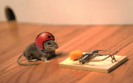 HD wallpaper of a humorous scene featuring a mouse wearing a red helmet, cautiously eyeing a cheese baited mousetrap on a wooden table.