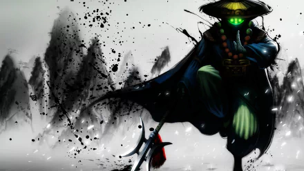 HD desktop wallpaper featuring Jax from League of Legends, set against an artistic background of dark splatters and abstract forms.