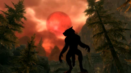 A dramatic HD wallpaper from The Elder Scrolls V: Skyrim, featuring a menacing werewolf silhouette against a vibrant red sun and shadowy mountains, capturing the game's dark fantasy atmosphere.