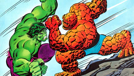 HD comic-style PC wallpaper featuring an intense battle between Hulk and Thing, showcasing dynamic action and vibrant colors.