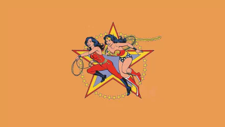 Comic-style Wonder Woman duo in vintage poses, golden lasso and red star emblem on orange field — HD PC desktop wallpaper background.