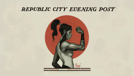 HD PC desktop wallpaper — anime-style poster of Korra (Avatar: The Legend of Korra) flexing in profile before a red sun, captioned Republic City Evening Post.