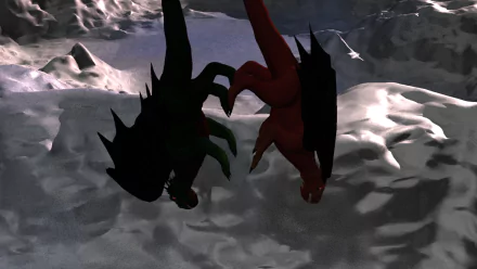 A green and red dragon dance mid-flight above a snow-covered icy landscape in this HD fantasy desktop wallpaper.