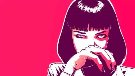 A striking HD desktop wallpaper featuring a stylized illustration inspired by the movie Pulp Fiction, showcasing a character with vibrant colors and bold lines.