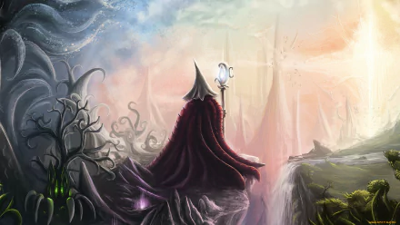 Fantasy wizard in a dark cloak and pointed hat stands on a rocky cliff, holding a glowing staff, with eerie twisted trees and a mystical forest in the background. HD PC wallpaper.