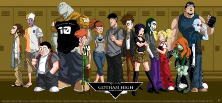 HD desktop wallpaper featuring characters from the TV show Gotham High standing in front of school lockers.
