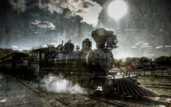 HD PC desktop wallpaper featuring a vintage steam train emitting smoke on railway tracks under a cloudy sky with the sun shining brightly.