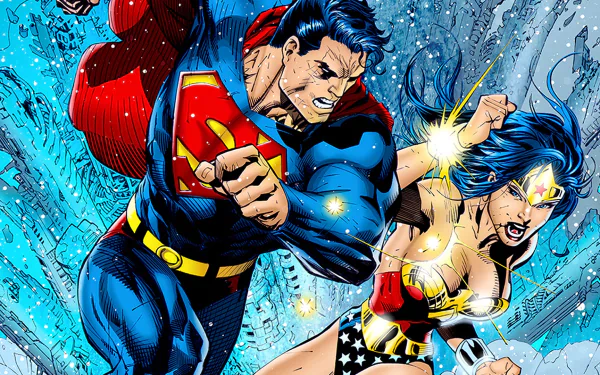 Comic-style HD PC desktop wallpaper featuring Superman and Wonder Woman bursting through ice and debris, flying side-by-side in a dynamic, action-packed scene.