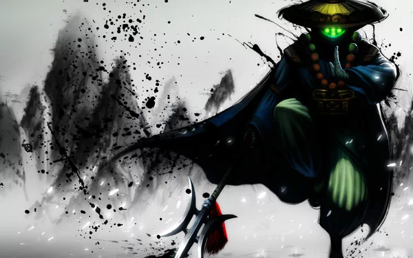 HD desktop wallpaper featuring Jax from League of Legends, set against an artistic background of dark splatters and abstract forms.