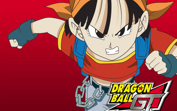 A dynamic HD anime wallpaper featuring a character from Dragon Ball GT, set against a vibrant red background, showcasing energy and action.