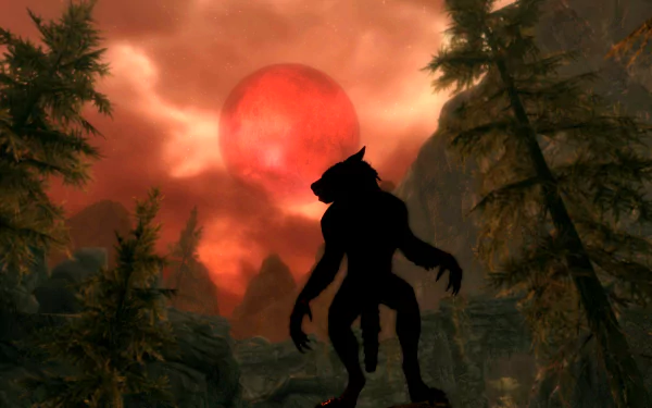 A dramatic HD wallpaper from The Elder Scrolls V: Skyrim, featuring a menacing werewolf silhouette against a vibrant red sun and shadowy mountains, capturing the game's dark fantasy atmosphere.