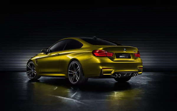 HD PC desktop wallpaper featuring a sleek BMW M4 Coupe in metallic gold, highlighted against a dark, ribbed background showcasing the vehicle's dynamic design.
