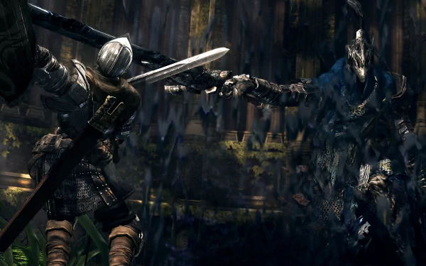 Dark Souls HD PC wallpaper showing an armored warrior clashing swords with a dark, menacing enemy in a gloomy, rain-soaked environment.