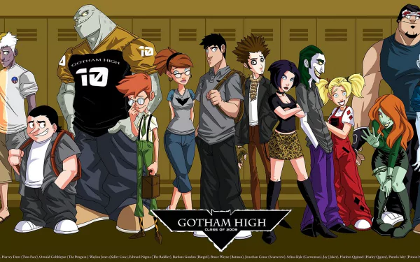 HD desktop wallpaper featuring characters from the TV show Gotham High standing in front of school lockers.