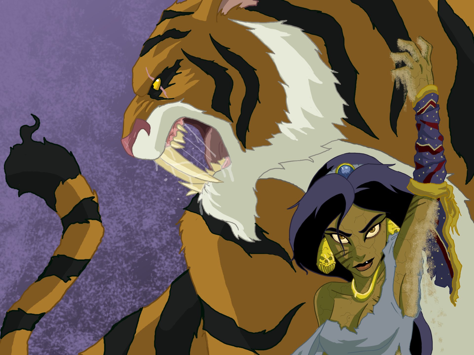 HD PC desktop wallpaper featuring animated characters from the 1992 movie Aladdin, showcasing a fierce tiger and a determined woman against a textured purple background.