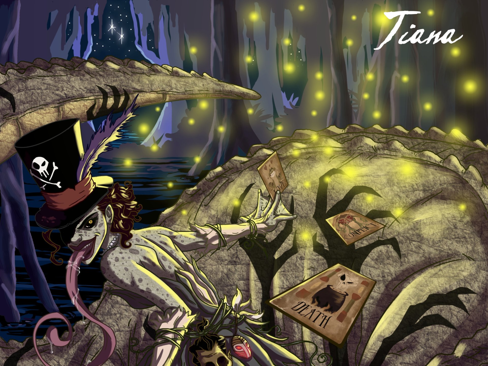 HD fantasy PC desktop wallpaper depicting a mysterious woman with a pirate hat, surrounded by glowing lights and ancient stone structures in a mystical forest.