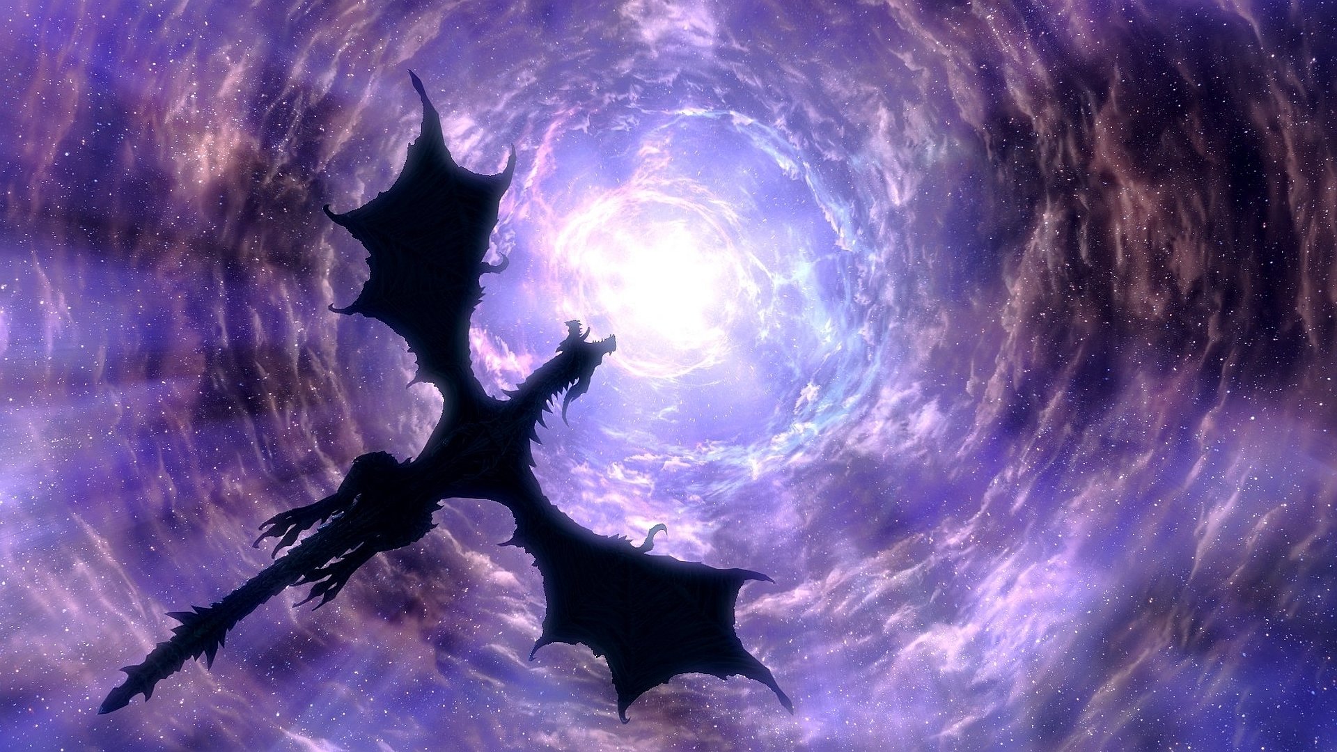A majestic dragon soars through a mystical cloud vortex, capturing the enchanting essence of The Elder Scrolls V: Skyrim in this HD PC desktop wallpaper.