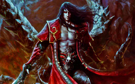 A dynamic HD wallpaper featuring Dracula from Castlevania, showcasing his fierce presence with flowing hair and a striking red outfit against a dark, atmospheric background.