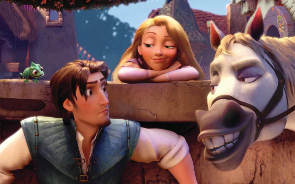A vibrant 4K Ultra HD wallpaper featuring Rapunzel, Flynn Rider, and Pascal from the movie Tangled, showcasing their playful interactions against a charming background.