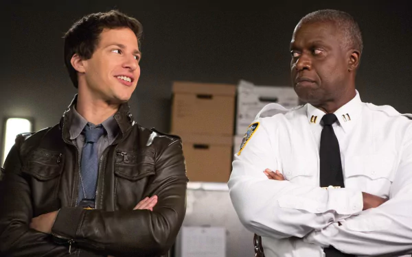 HD wallpaper featuring characters Jake Peralta and Captain Holt from Brooklyn Nine-Nine.
