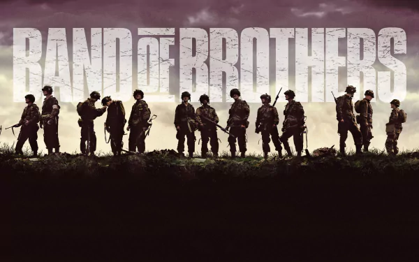 HD desktop wallpaper featuring a silhouetted band of soldiers from the TV show Band of Brothers against a dramatic sky background.