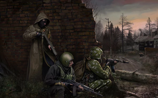 HD PC desktop wallpaper from the video game S.T.A.L.K.E.R., featuring armed characters in tactical gear amid a post-apocalyptic, overgrown urban environment at dusk.