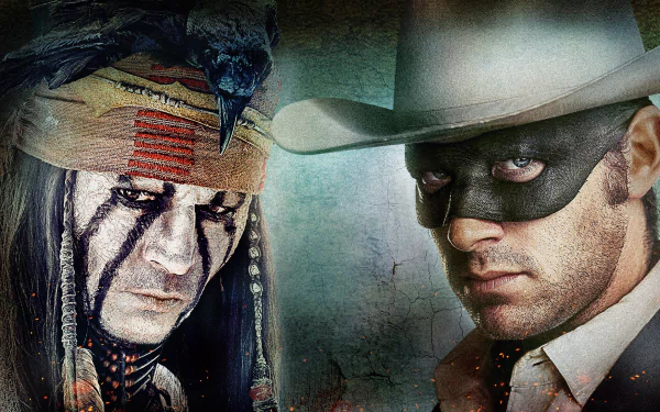 HD desktop wallpaper featuring Armie Hammer as John Reid and Johnny Depp as Tonto from the movie The Lone Ranger, showcasing their iconic masked and painted faces.