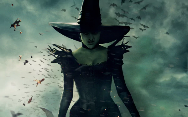 HD PC desktop wallpaper featuring a dark, eerie depiction of the witch from the movie Oz the Great and Powerful, surrounded by flying bats and a stormy sky.