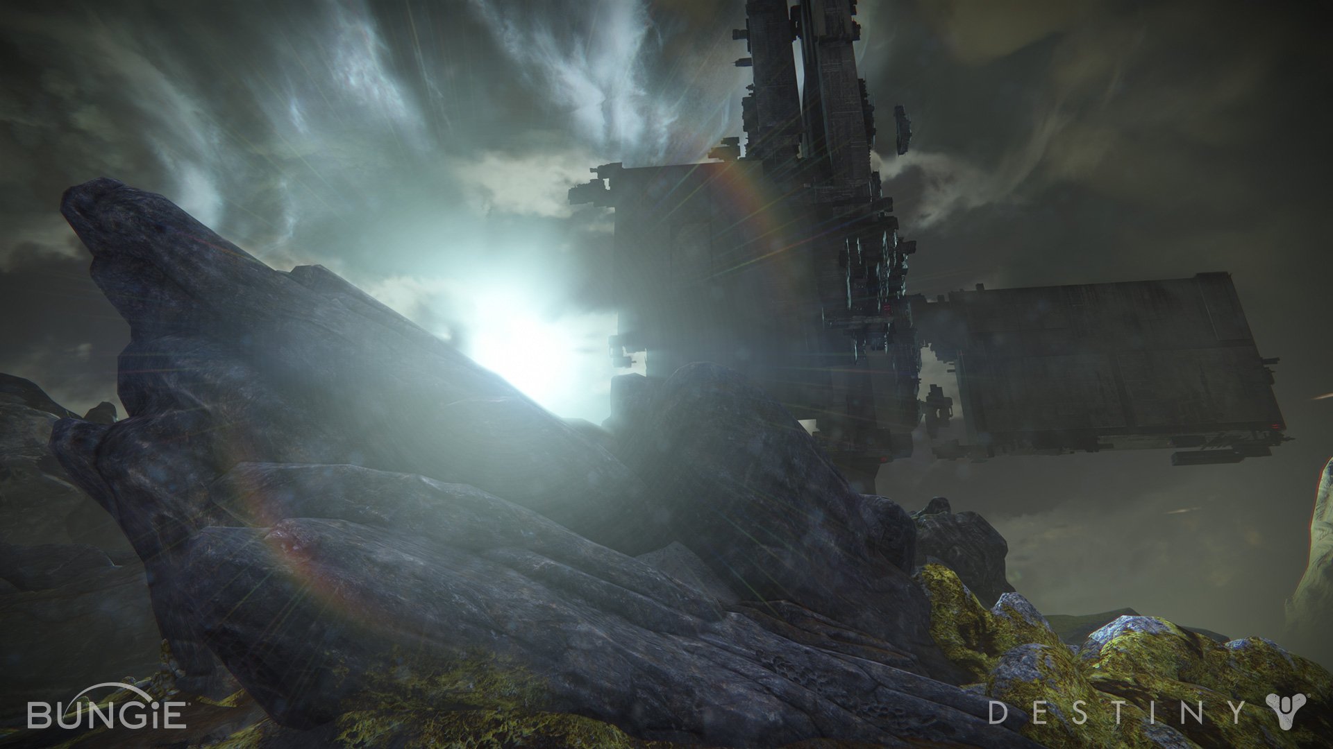 HD PC desktop wallpaper featuring a dramatic landscape and towering structure from the video game Destiny, showcasing its dark, atmospheric sci-fi environment.