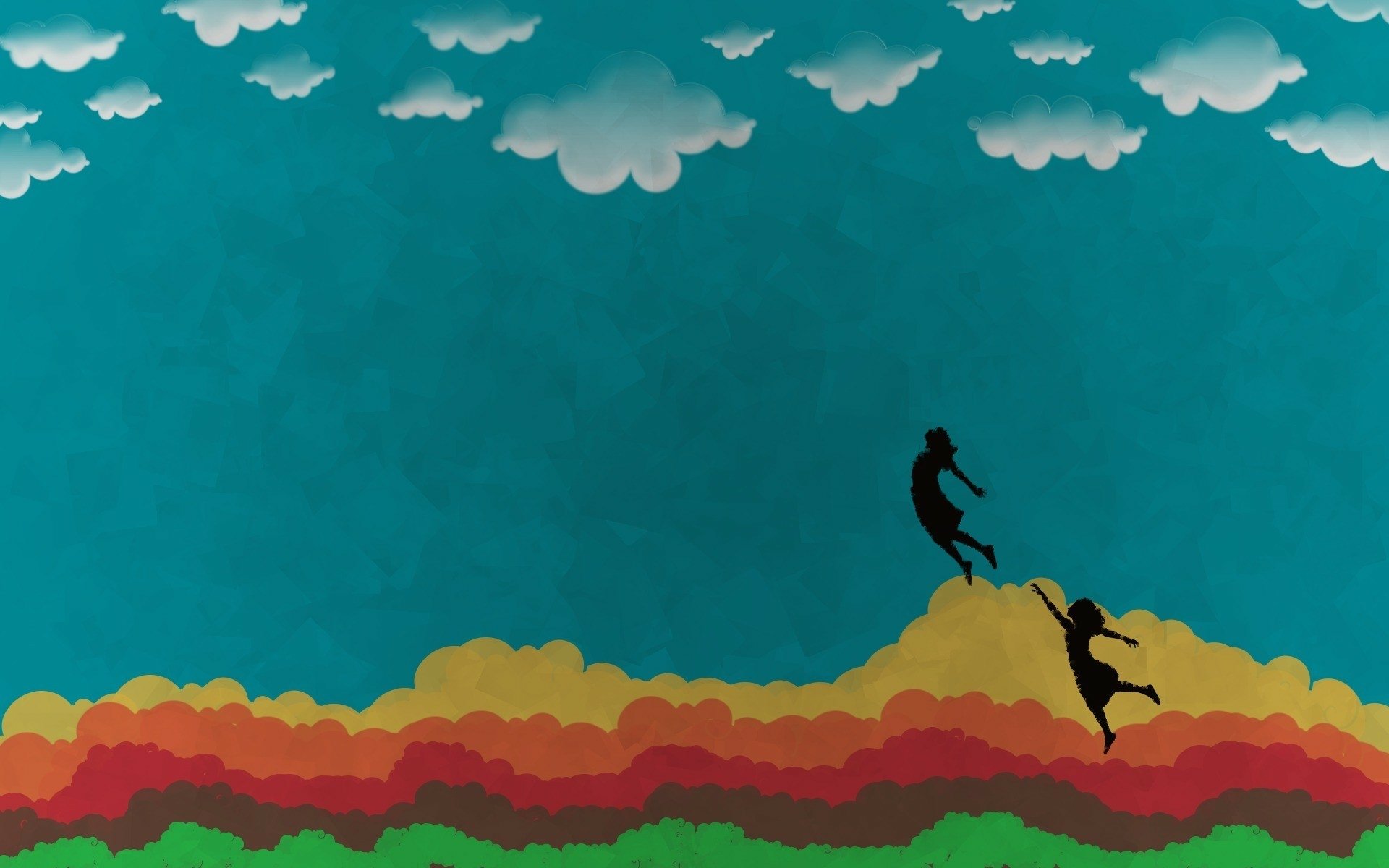HD desktop wallpaper featuring silhouetted human figures leaping between colorful, abstract hills under a blue sky with clouds.