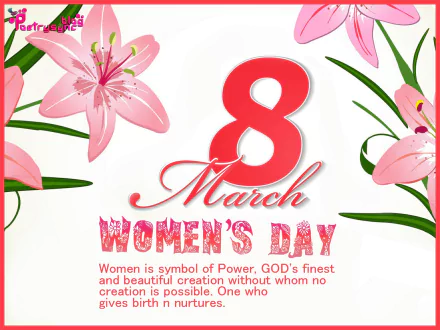 Holiday Women's Day HD PC desktop wallpaper: pink lilies frame a bold red 8 March with Women's Day lettering and a short inspirational message.