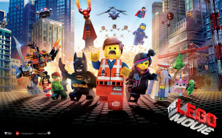 HD desktop wallpaper featuring characters from The LEGO Movie, including Emmet, Batman, Wyldstyle, and others, set against a vibrant city backdrop.