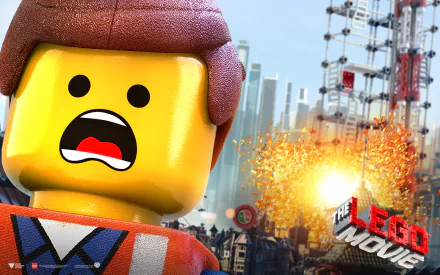 HD PC desktop wallpaper featuring Emmet from The Lego Movie with an explosion and The Lego Movie logo in the background.