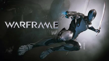 HD PC desktop wallpaper featuring a sleek Warframe character in dynamic pose with futuristic armor, set against a dark, atmospheric background.