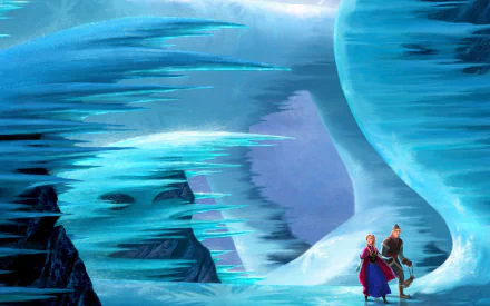 HD PC desktop wallpaper featuring Kristoff and Anna from the Frozen movie standing in an icy cavern with towering blue ice formations.
