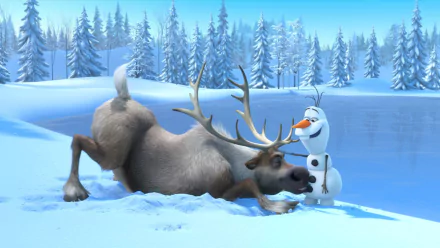 HD desktop wallpaper of Olaf and Sven from Frozen in a snowy forest scene, playful and cheerful.