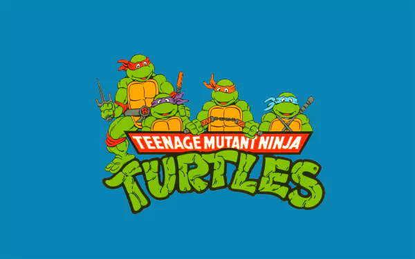HD PC desktop wallpaper featuring Michelangelo, Leonardo, Donatello, and Raphael from the Teenage Mutant Ninja Turtles TV show against a blue background.