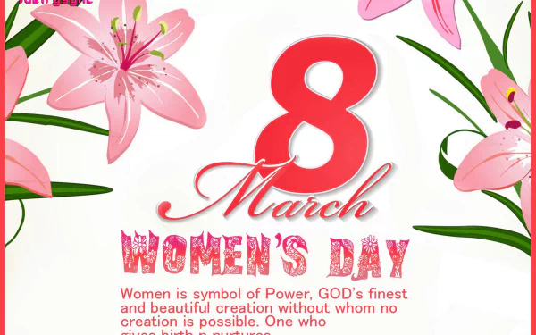 Holiday Women's Day HD PC desktop wallpaper: pink lilies frame a bold red 8 March with Women's Day lettering and a short inspirational message.
